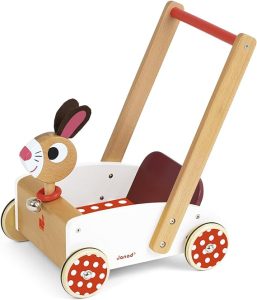 Janod - Chariot de Marche Enfant en Bois Lapin Crazy Rabbit - Dès 1 An, J05997, Blanc et Rouge